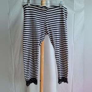 Vintage Black and white striped leggings Tights black lace trim 3/4 length XL
